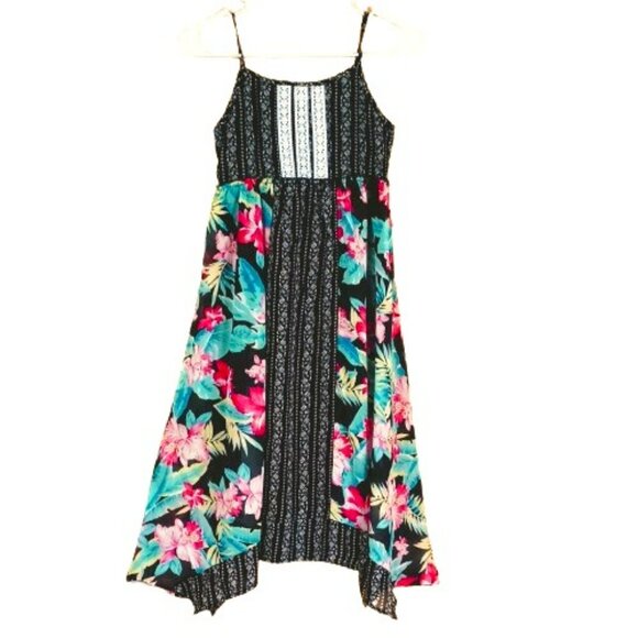 Girls Tropical Floral Maxi Dress 12 Asymmetrical Sheer Color Block Sundress - Picture 1 of 10